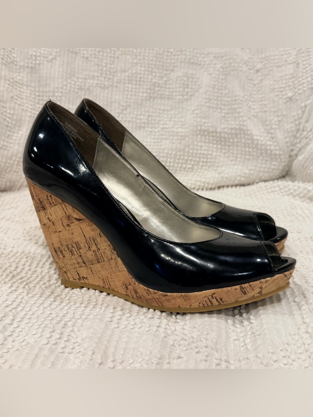 Sam & Libby Black Patent Cork Wedge Peep Toe Pumps
